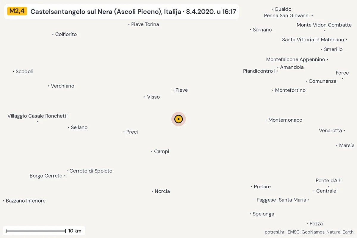 Karta: okolica epicentra, 60 km, potres M2,4, Castelsantangelo sul Nera (Ascoli Piceno), Italija, 8.4.2020.