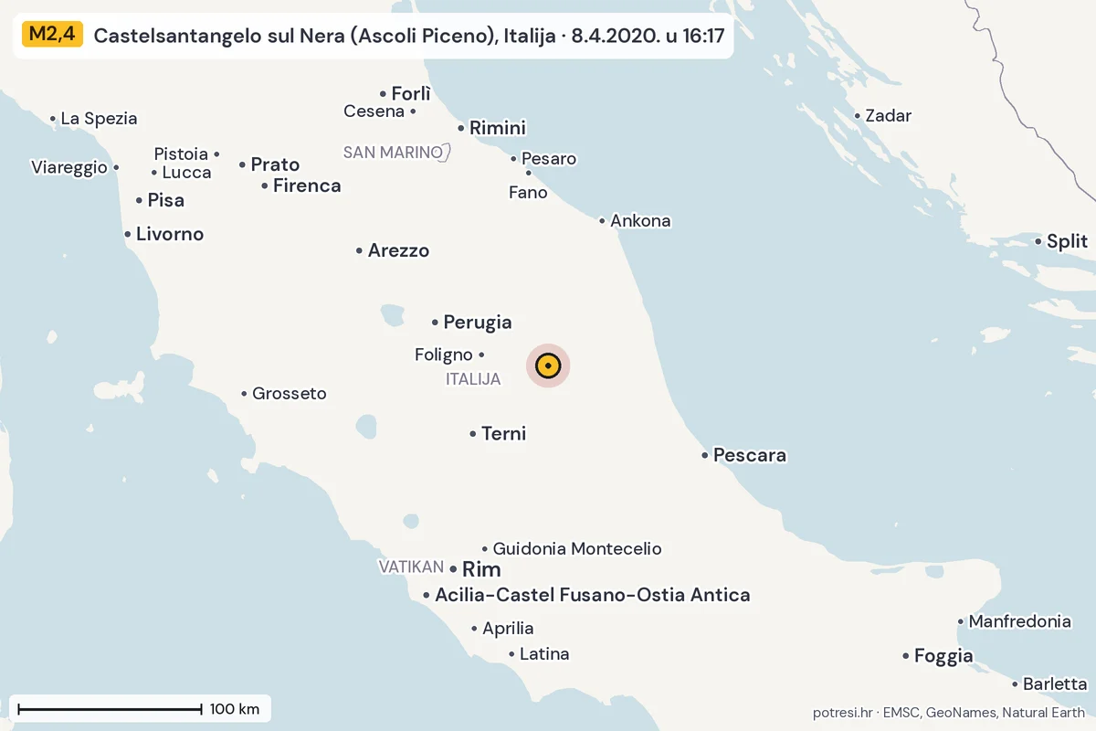 Karta: šire područje, 600 km, potres M2,4, Castelsantangelo sul Nera (Ascoli Piceno), Italija, 8.4.2020.