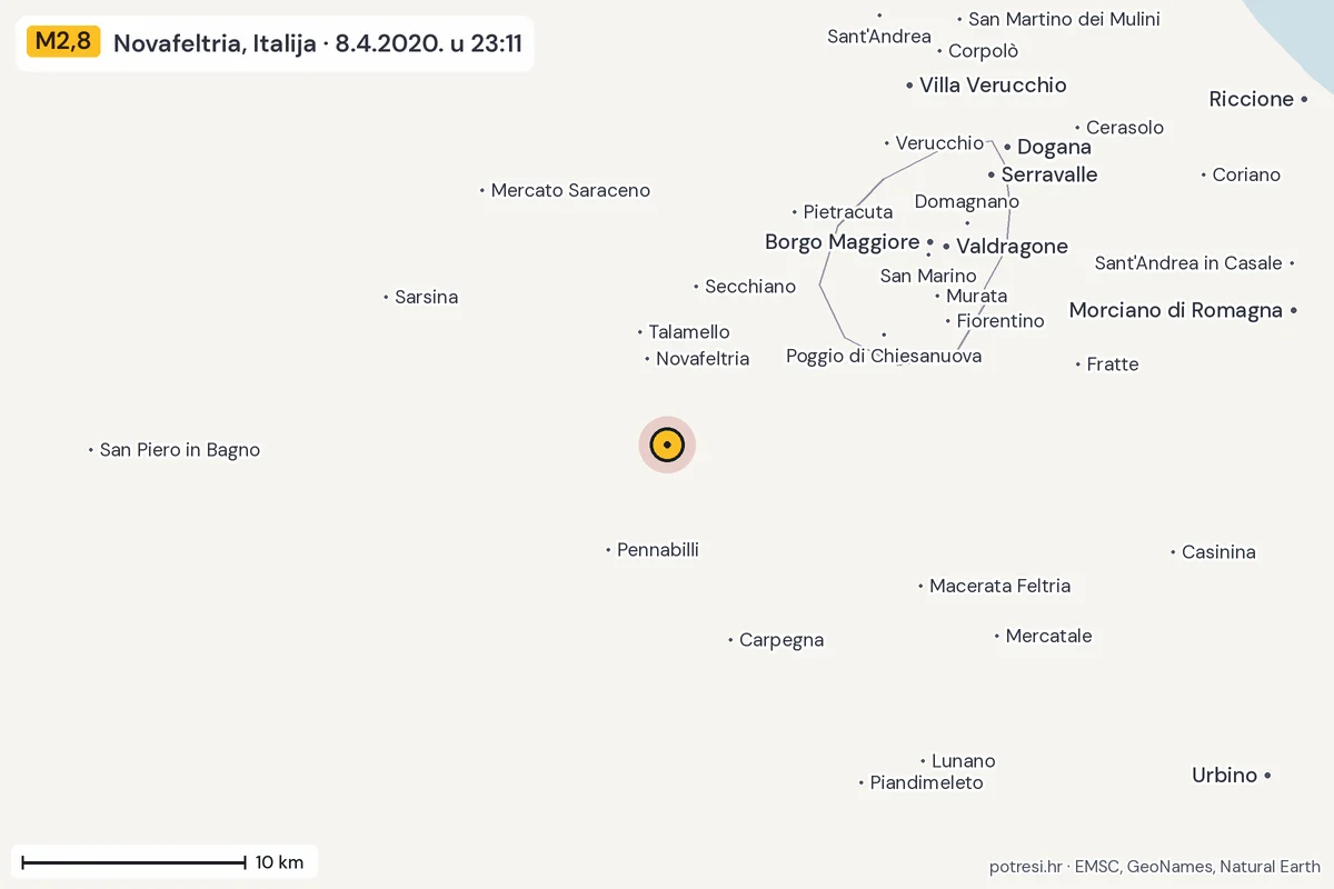 Karta: okolica epicentra, 60 km, potres M2,8, Novafeltria, Italija, 8.4.2020.