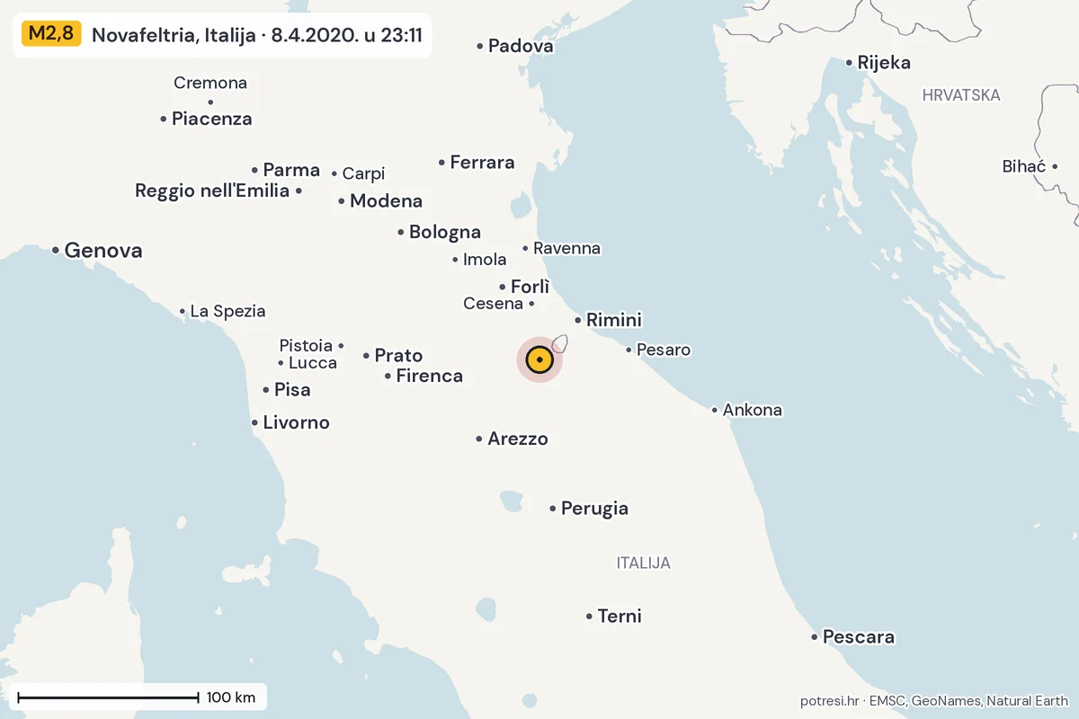 Karta: šire područje, 600 km, potres M2,8, Novafeltria, Italija, 8.4.2020.