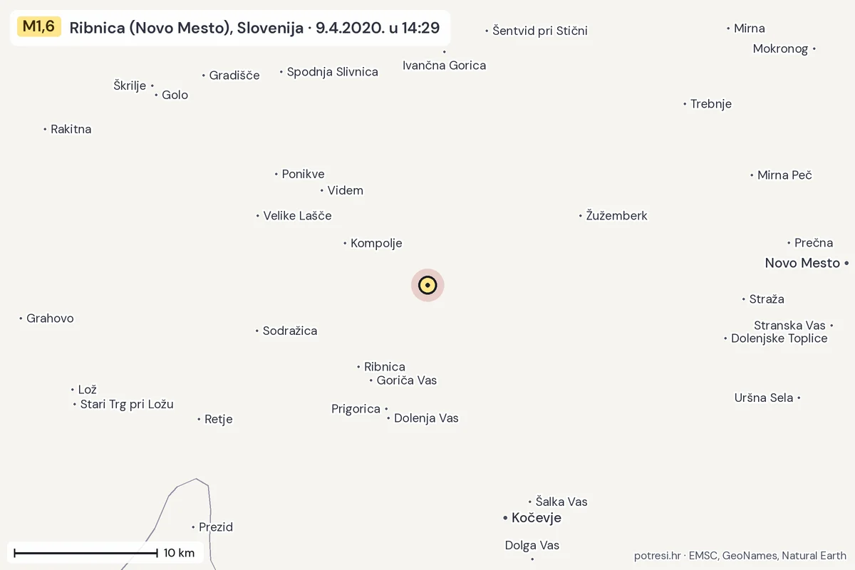 Karta: okolica epicentra, 60 km, potres M1,6, Ribnica (Novo Mesto), Slovenija, 9.4.2020.