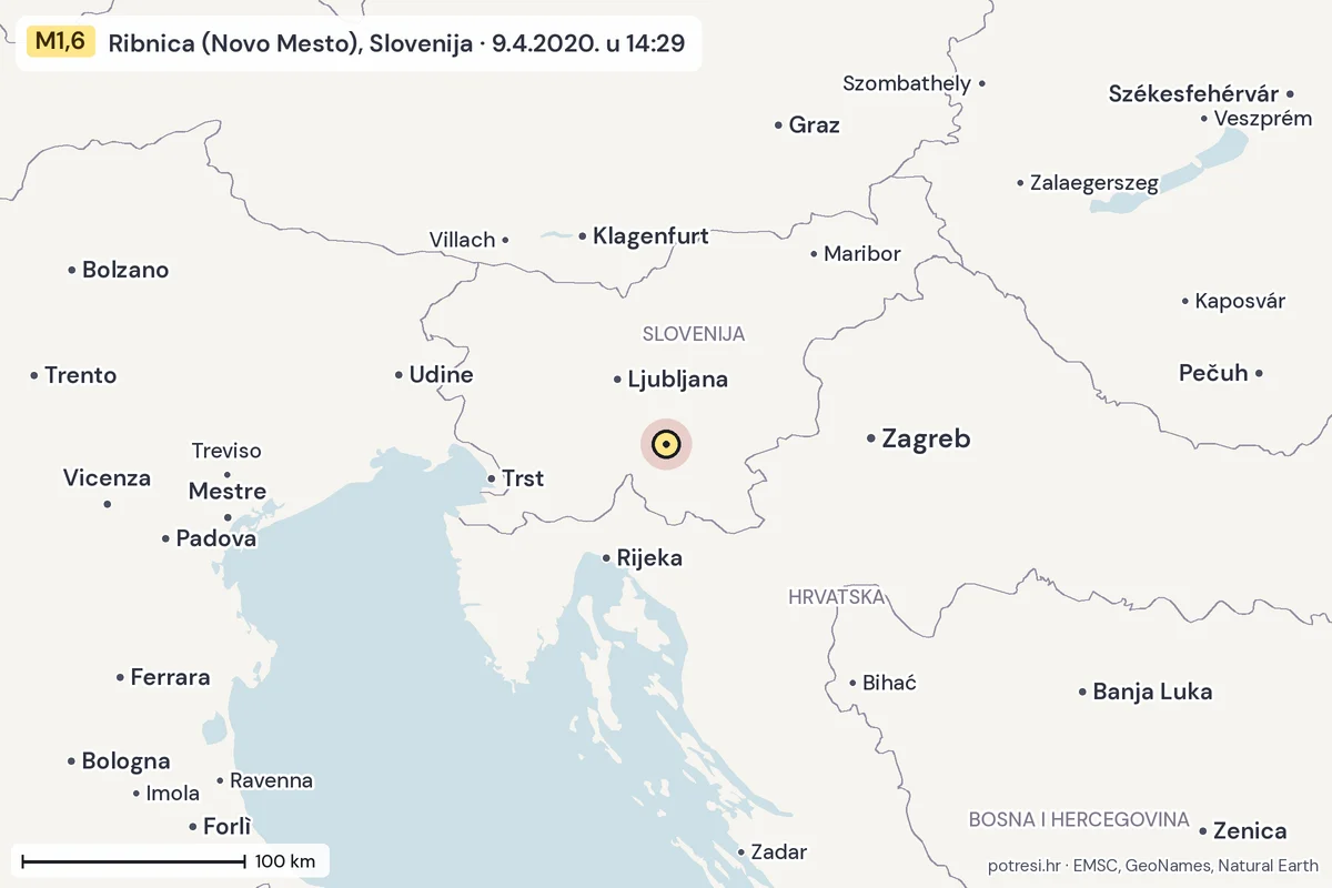 Karta: šire područje, 600 km, potres M1,6, Ribnica (Novo Mesto), Slovenija, 9.4.2020.