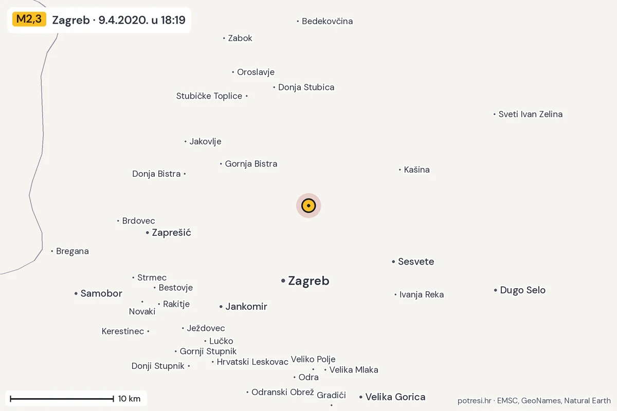 Karta: okolica epicentra, 60 km, potres M2,3, Zagreb, 9.4.2020.