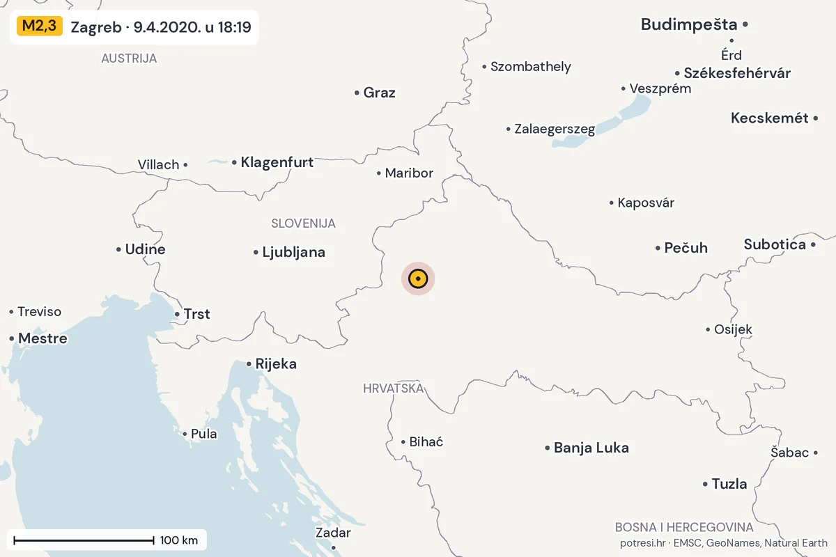 Karta: šire područje, 600 km, potres M2,3, Zagreb, 9.4.2020.