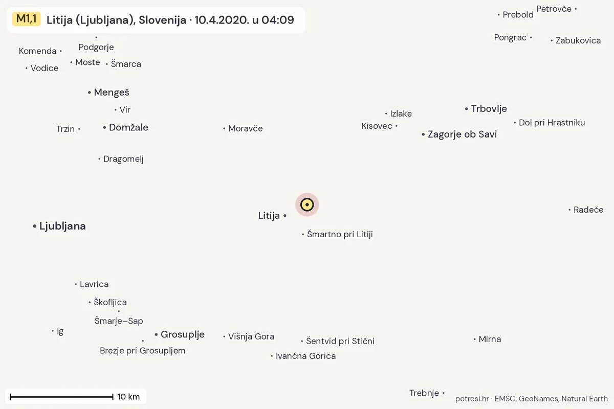 Karta: okolica epicentra, 60 km, potres M1,1, Litija (Ljubljana), Slovenija, 10.4.2020.
