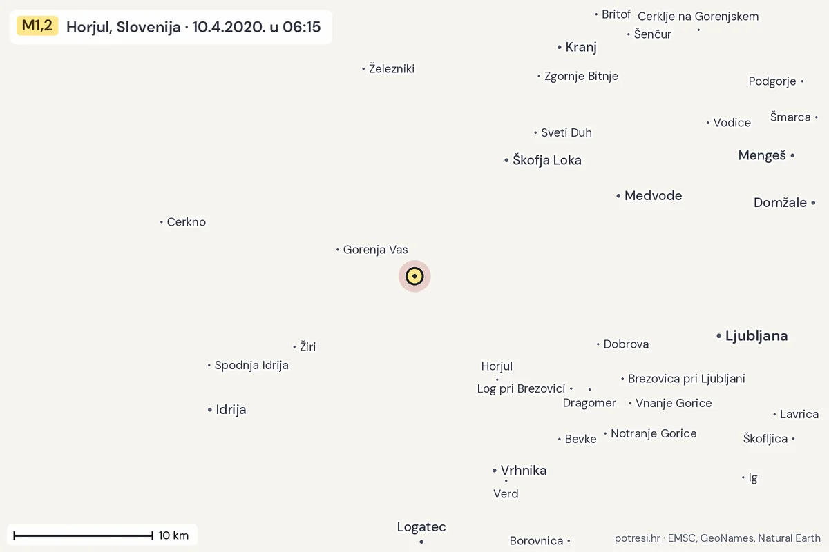 Karta: okolica epicentra, 60 km, potres M1,2, Horjul, Slovenija, 10.4.2020.
