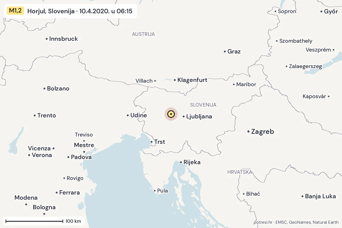 Karta: šire područje, 600 km, potres M1,2, Horjul, Slovenija, 10.4.2020.
