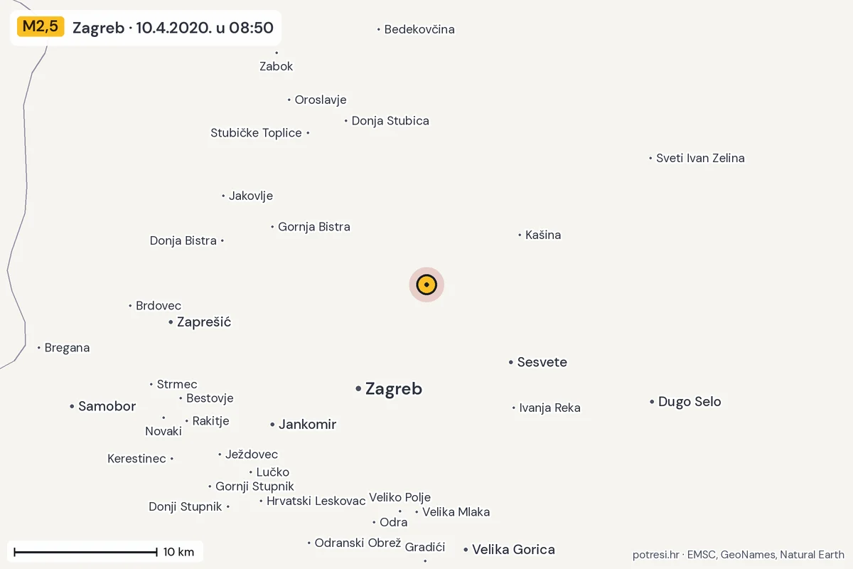 Karta: okolica epicentra, 60 km, potres M2,5, Zagreb, 10.4.2020.