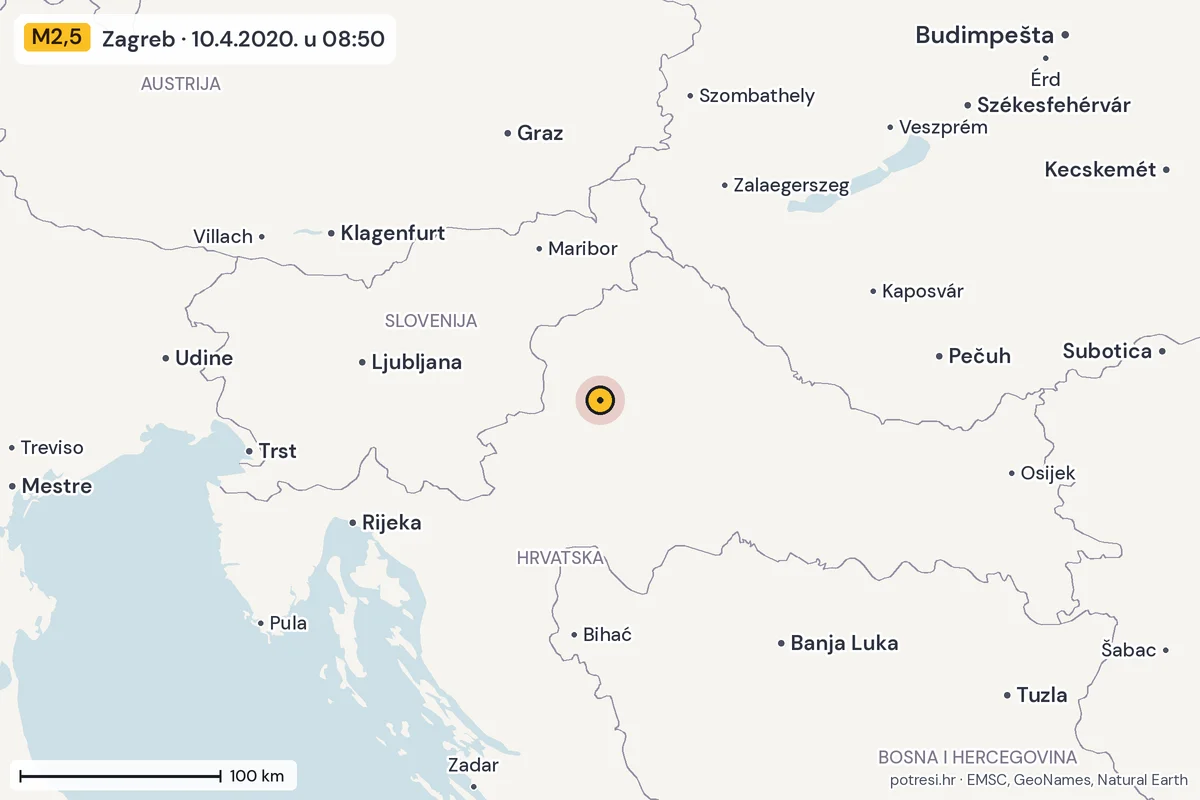 Karta: šire područje, 600 km, potres M2,5, Zagreb, 10.4.2020.