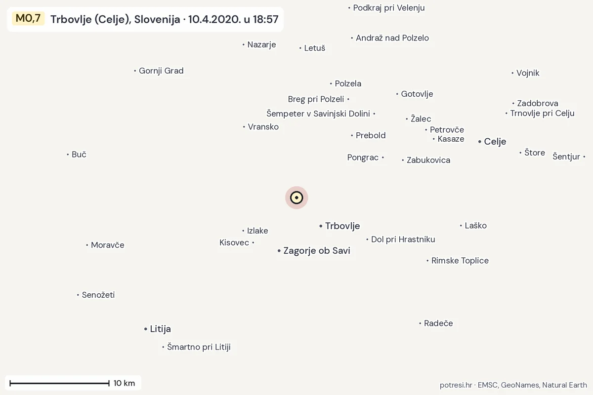 Karta: okolica epicentra, 60 km, potres M0,7, Trbovlje (Celje), Slovenija, 10.4.2020.