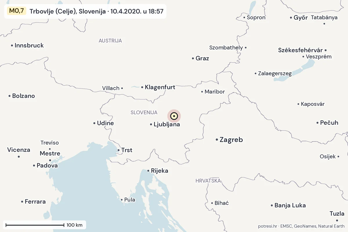 Karta: šire područje, 600 km, potres M0,7, Trbovlje (Celje), Slovenija, 10.4.2020.