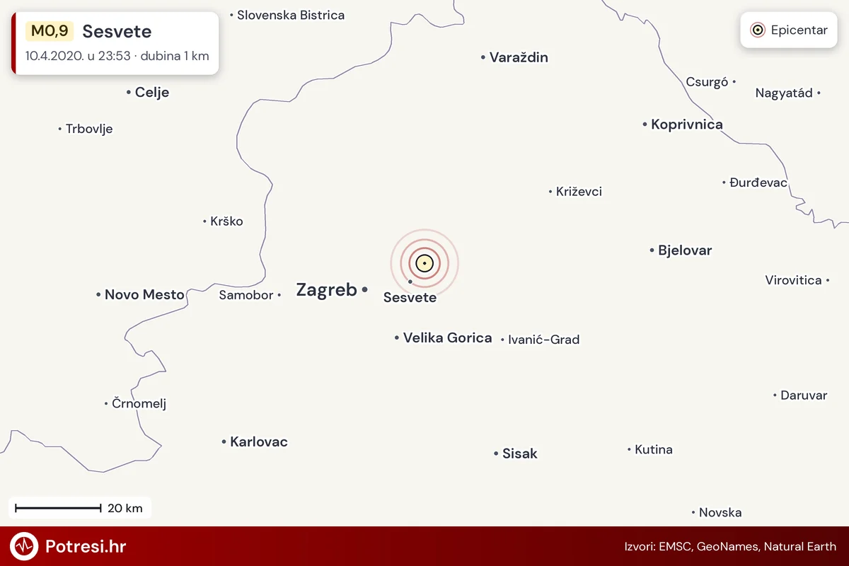 Karta: šire područje i vjerojatni doseg osjeta, potres M0,9, Sesvete, 10.4.2020.