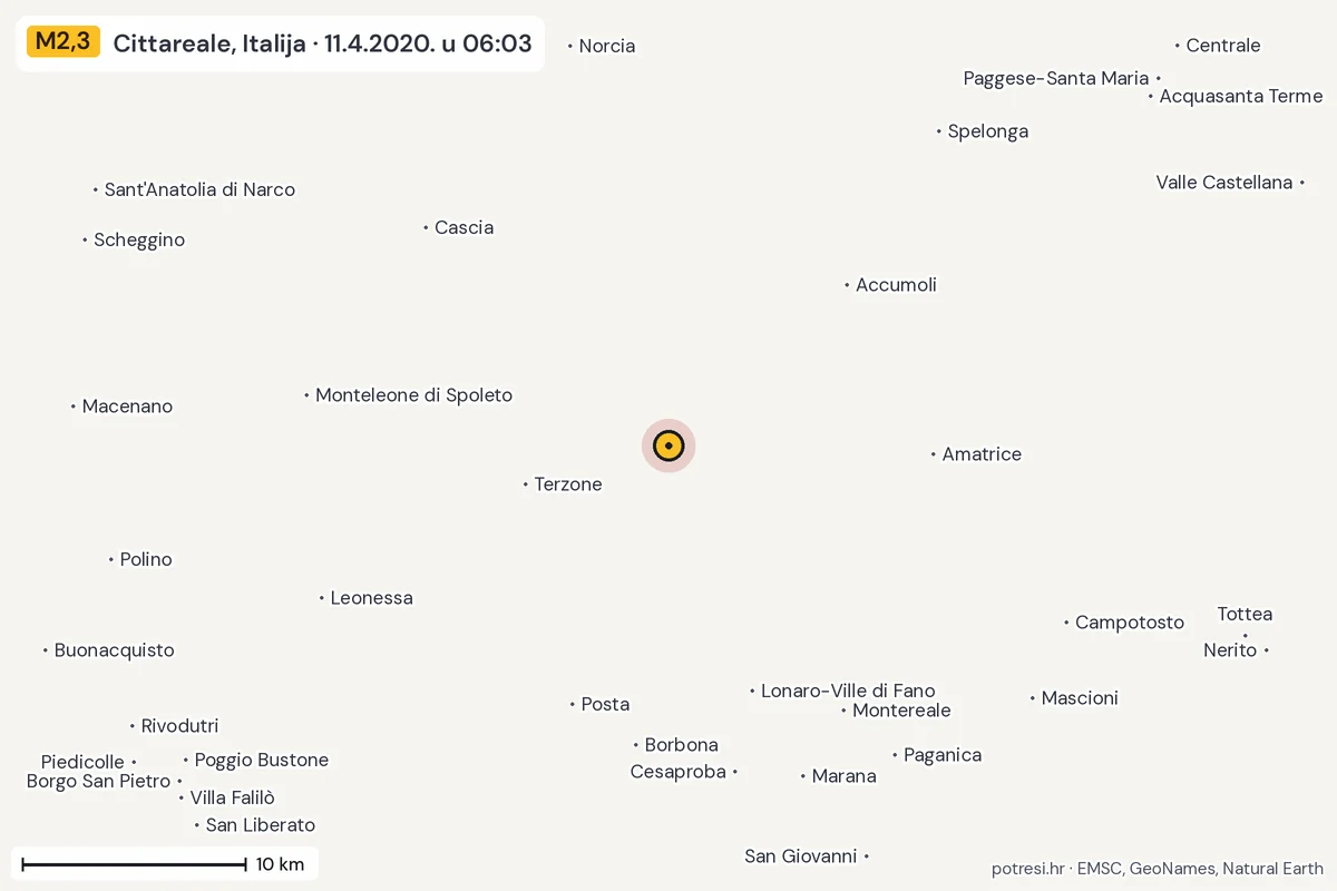 Karta: okolica epicentra, 60 km, potres M2,3, Cittareale, Italija, 11.4.2020.