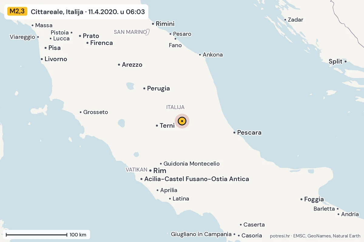 Karta: šire područje, 600 km, potres M2,3, Cittareale, Italija, 11.4.2020.