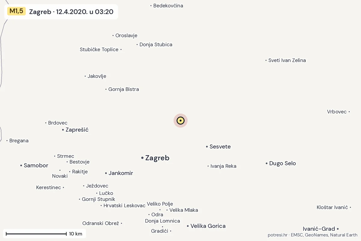 Karta: okolica epicentra, 60 km, potres M1,5, Zagreb, 12.4.2020.