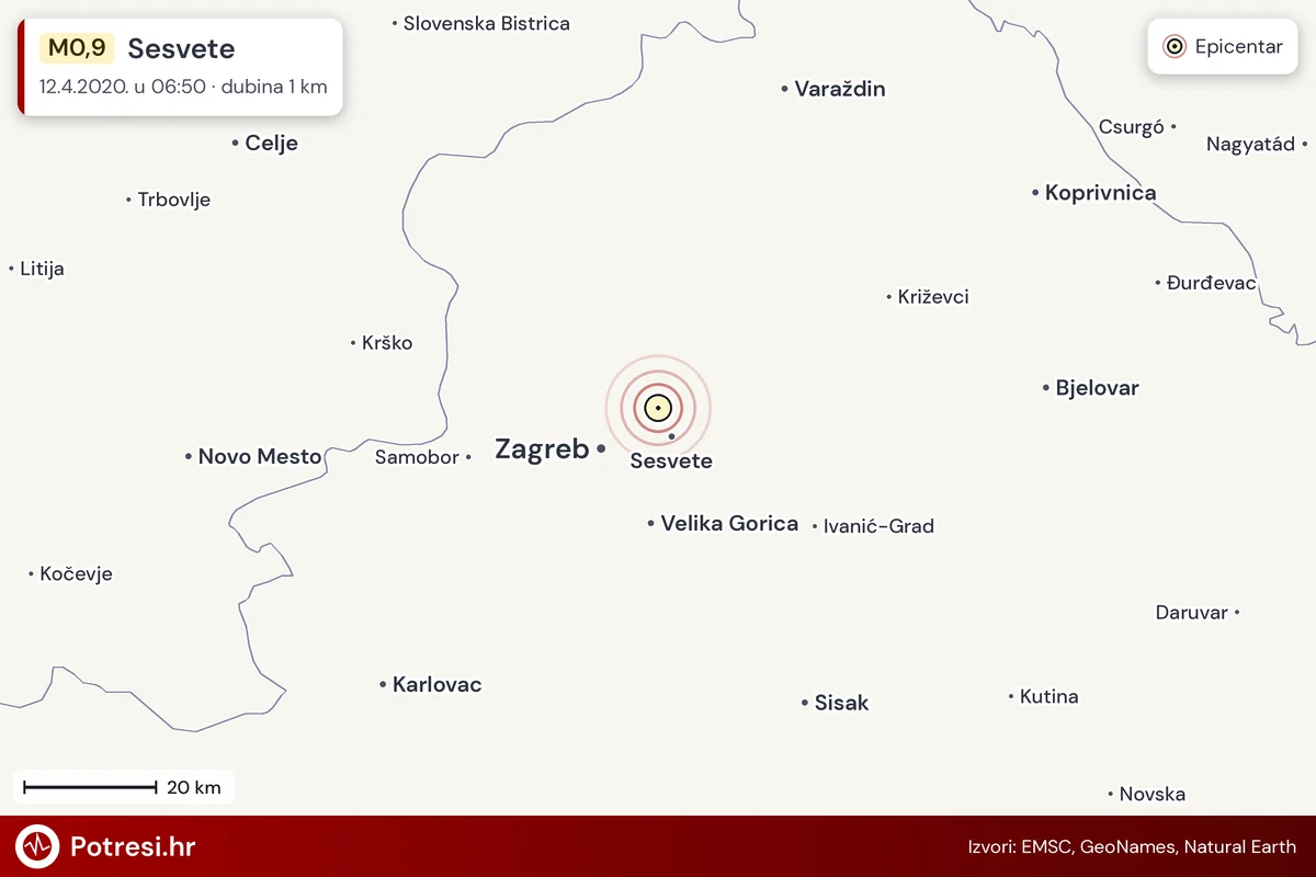 Karta: šire područje i vjerojatni doseg osjeta, potres M0,9, Sesvete, 12.4.2020.