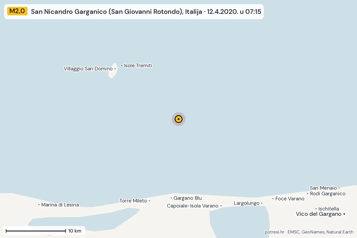 Karta: okolica epicentra, 60 km, potres M2,0, San Nicandro Garganico (San Giovanni Rotondo), Italija, 12.4.2020.
