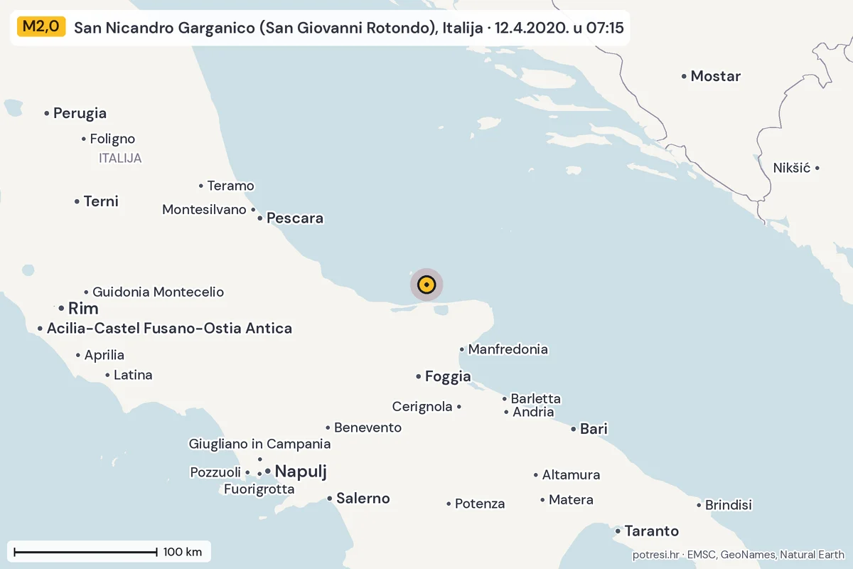 Karta: šire područje, 600 km, potres M2,0, San Nicandro Garganico (San Giovanni Rotondo), Italija, 12.4.2020.