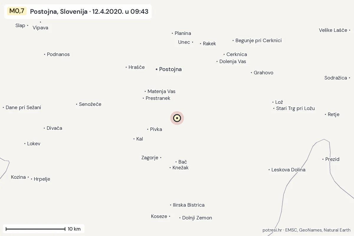 Karta: okolica epicentra, 60 km, potres M0,7, Postojna, Slovenija, 12.4.2020.