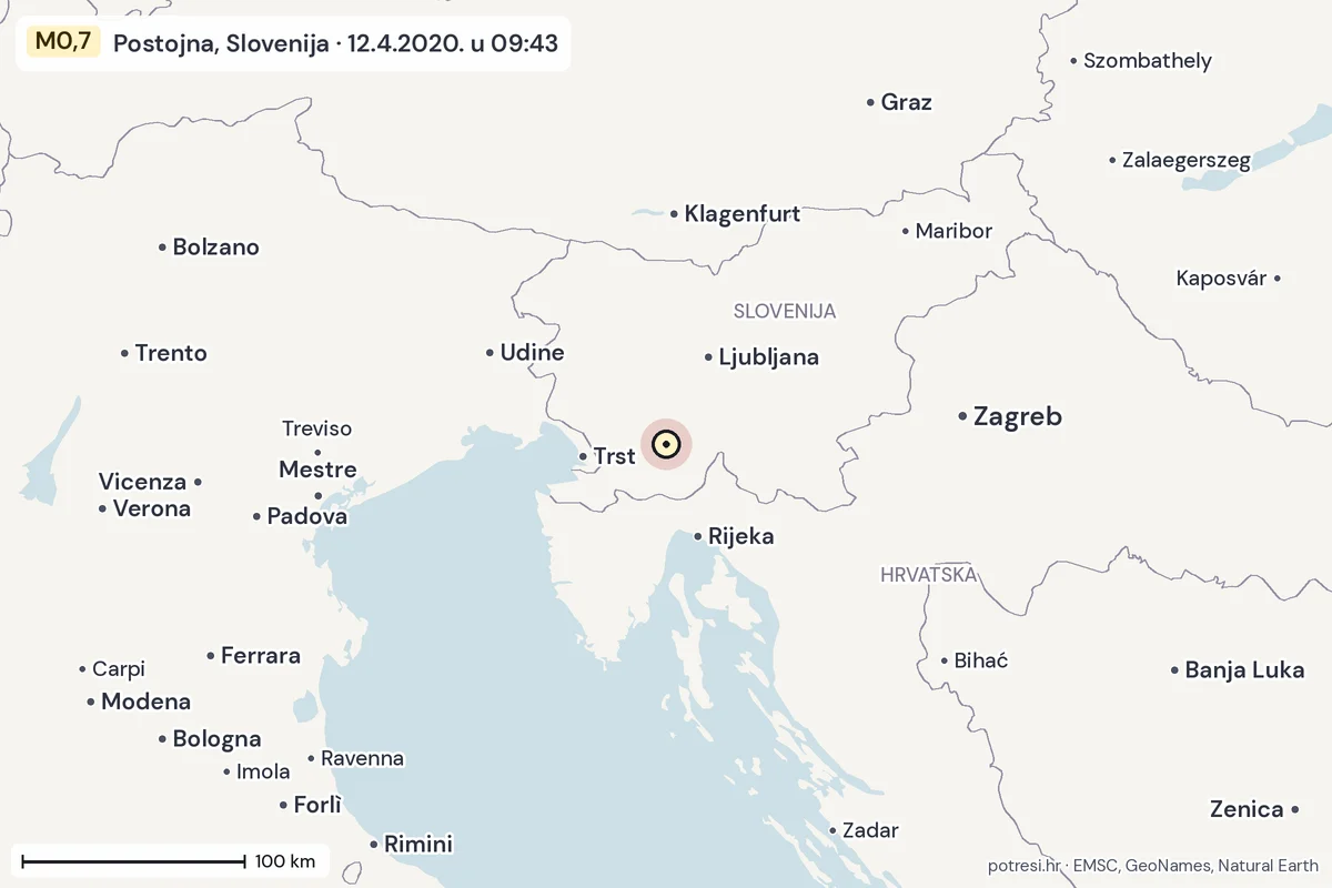 Karta: šire područje, 600 km, potres M0,7, Postojna, Slovenija, 12.4.2020.