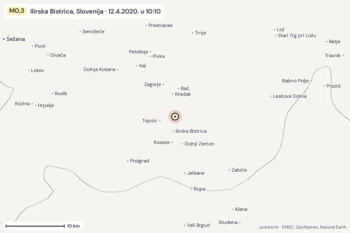 Karta: okolica epicentra, 60 km, potres M0,3, Ilirska Bistrica, Slovenija, 12.4.2020.