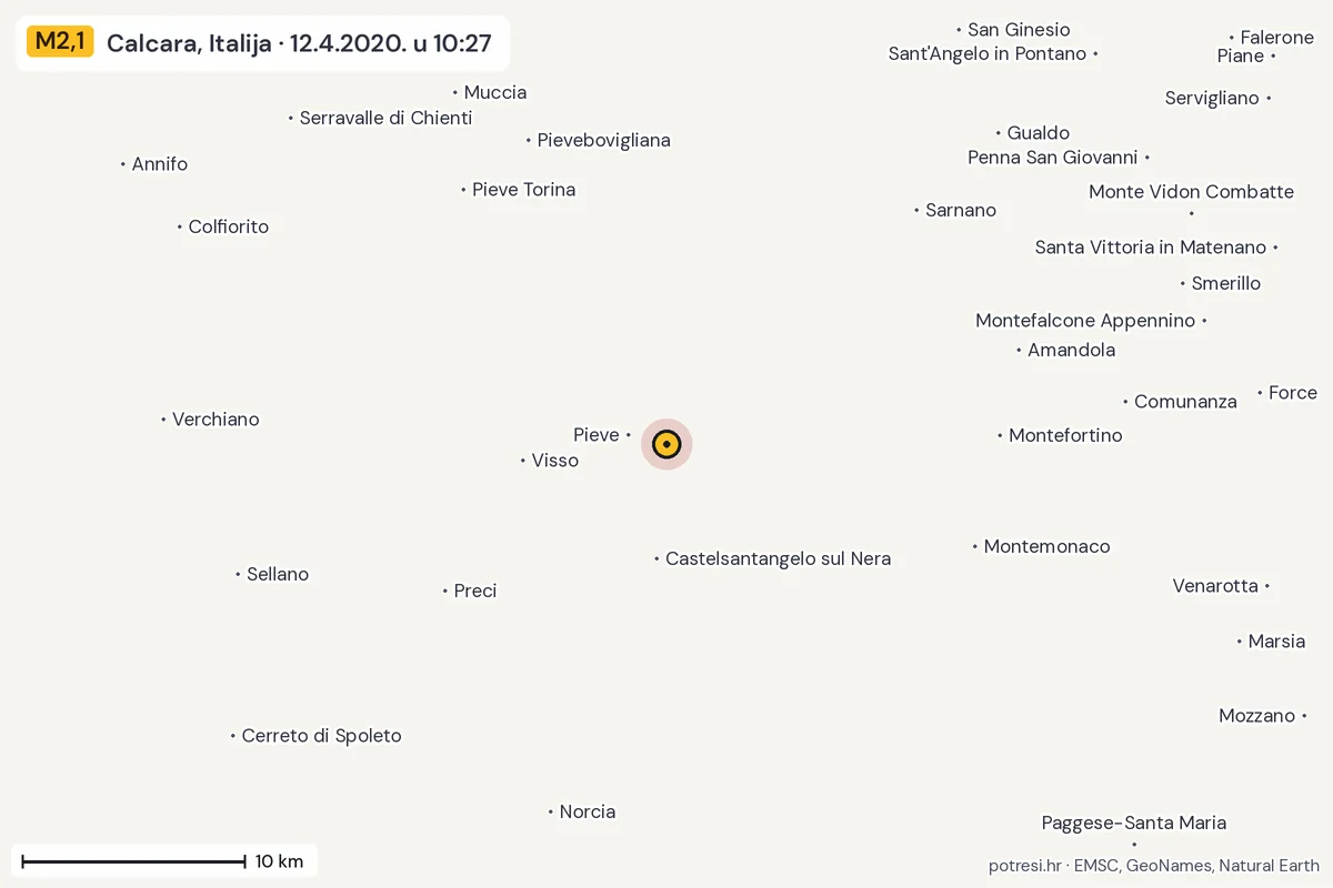 Karta: okolica epicentra, 60 km, potres M2,1, Calcara, Italija, 12.4.2020.