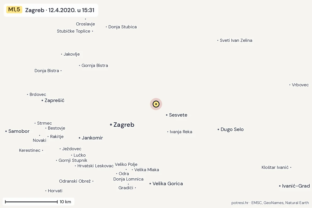 Karta: okolica epicentra, 60 km, potres M1,5, Zagreb, 12.4.2020.