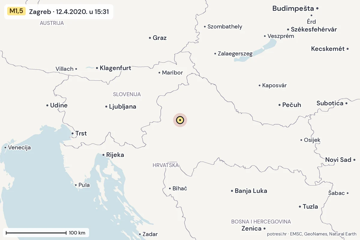 Karta: šire područje, 600 km, potres M1,5, Zagreb, 12.4.2020.