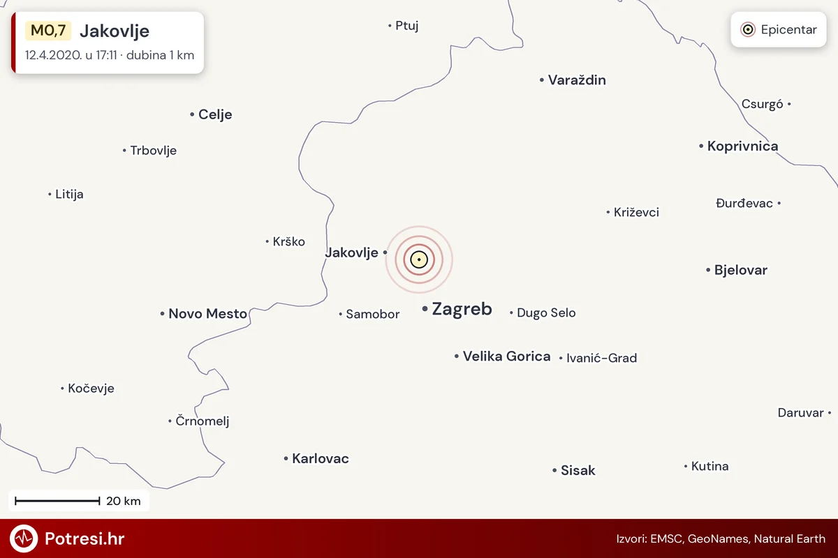 Karta: šire područje i vjerojatni doseg osjeta, potres M0,7, Jakovlje, 12.4.2020.