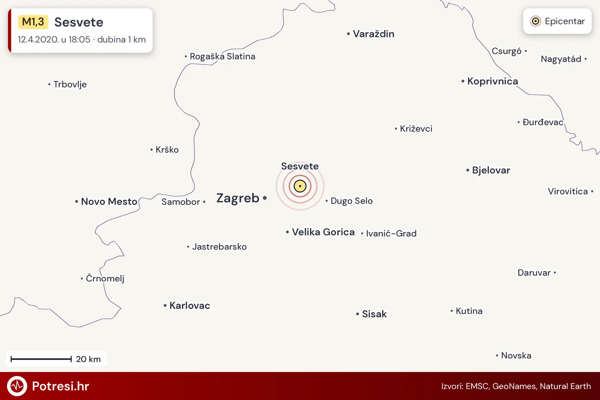 Karta: šire područje i vjerojatni doseg osjeta, potres M1,3, Sesvete, 12.4.2020.