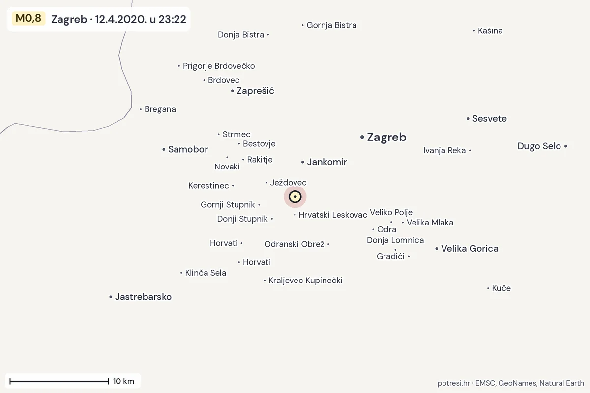 Karta: okolica epicentra, 60 km, potres M0,8, Zagreb, 12.4.2020.