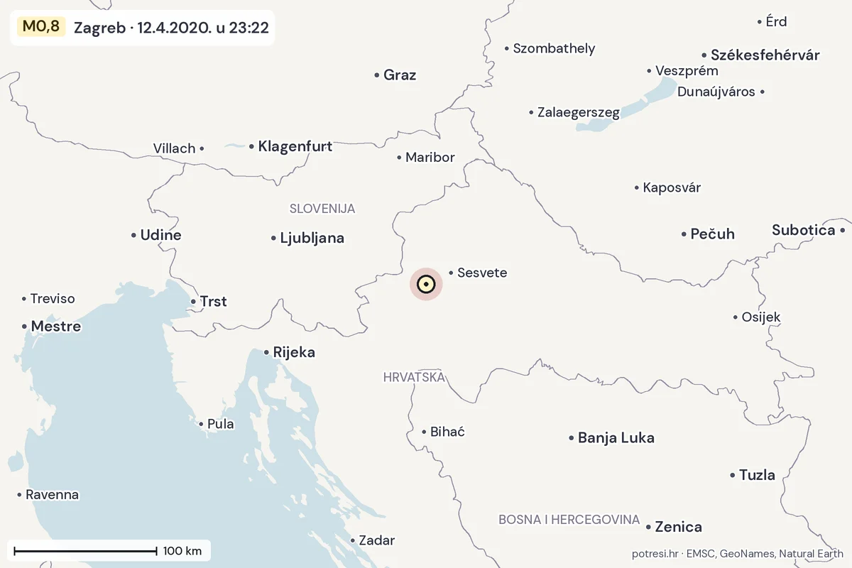 Karta: šire područje, 600 km, potres M0,8, Zagreb, 12.4.2020.