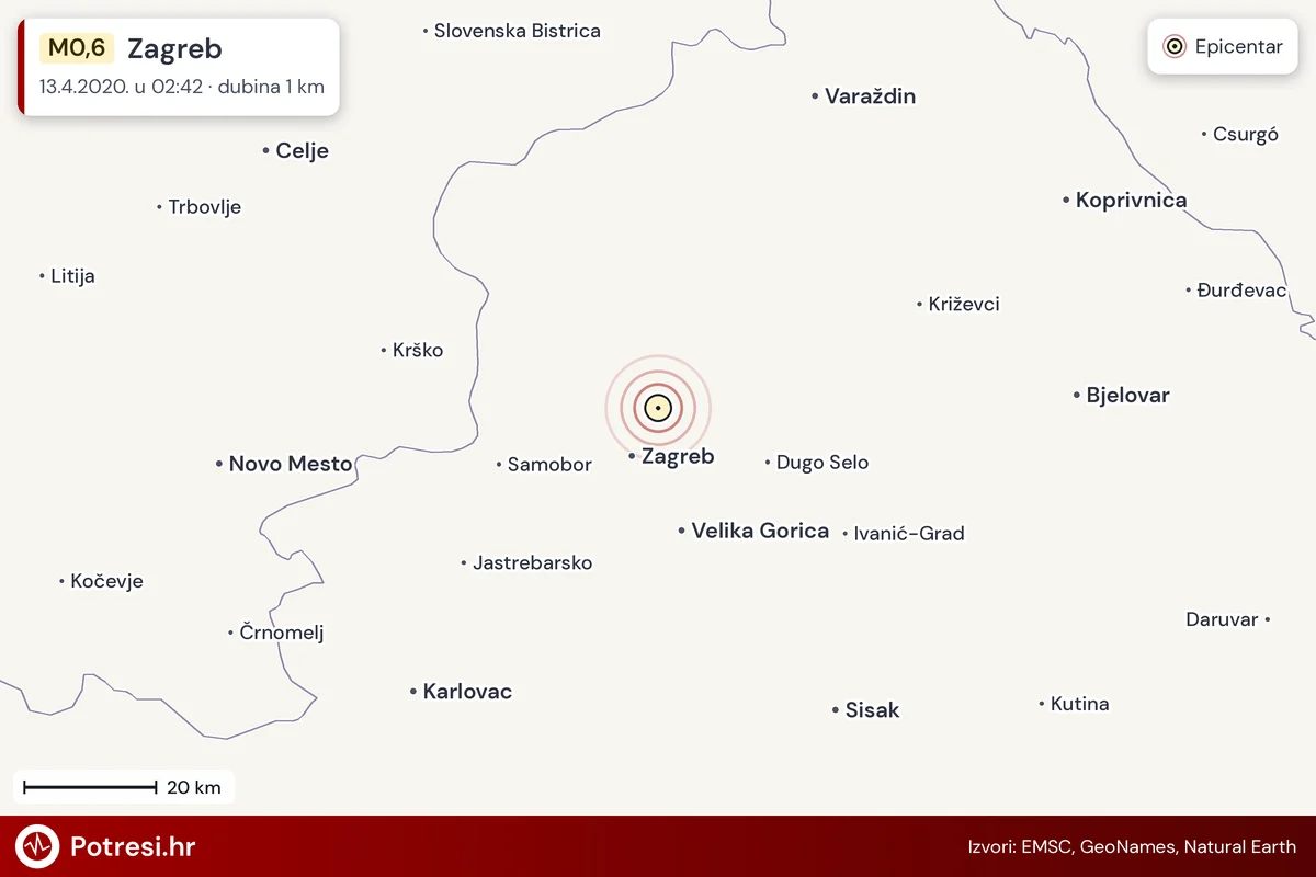 Karta: šire područje i vjerojatni doseg osjeta, potres M0,6, Zagreb, 13.4.2020.