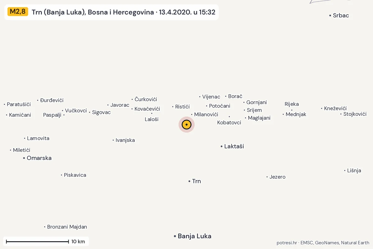 Karta: okolica epicentra, 60 km, potres M2,8, Trn (Banja Luka), Bosna i Hercegovina, 13.4.2020.