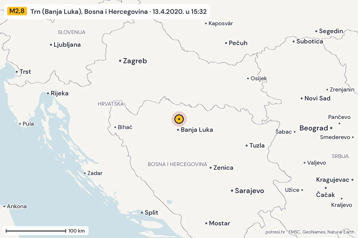Karta: šire područje, 600 km, potres M2,8, Trn (Banja Luka), Bosna i Hercegovina, 13.4.2020.