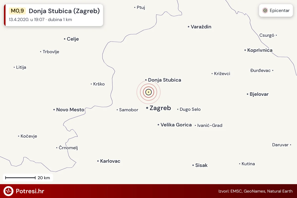 Karta: šire područje i vjerojatni doseg osjeta, potres M0,9, Donja Stubica (Zagreb), 13.4.2020.