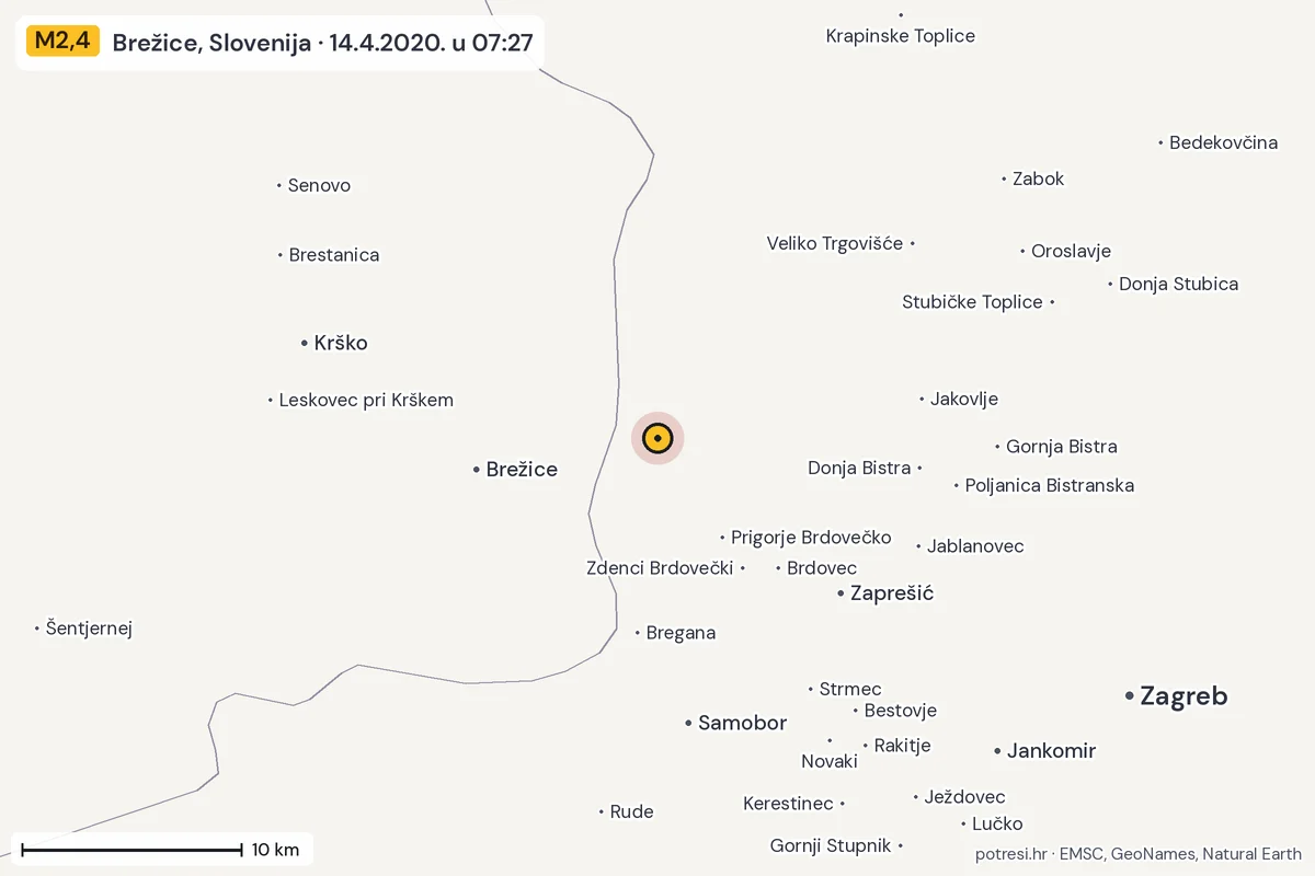 Karta: okolica epicentra, 60 km, potres M2,4, Brežice, Slovenija, 14.4.2020.