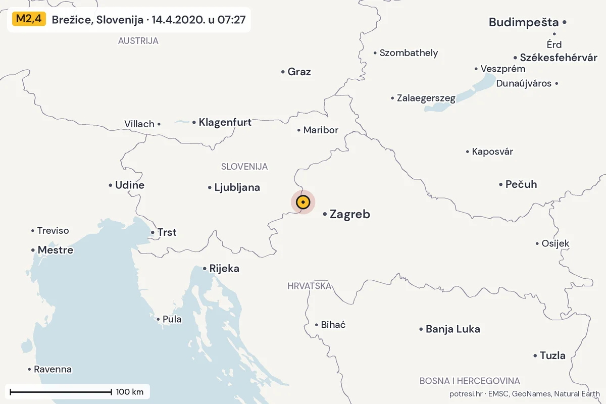 Karta: šire područje, 600 km, potres M2,4, Brežice, Slovenija, 14.4.2020.