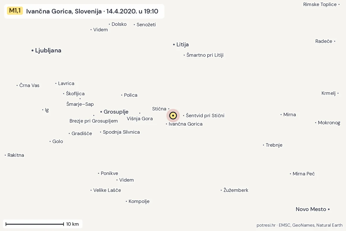 Karta: okolica epicentra, 60 km, potres M1,1, Ivančna Gorica, Slovenija, 14.4.2020.