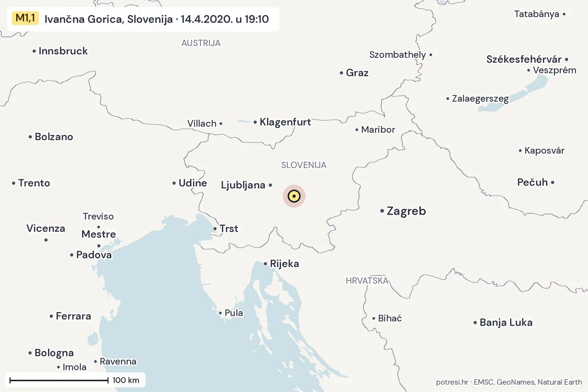 Karta: šire područje, 600 km, potres M1,1, Ivančna Gorica, Slovenija, 14.4.2020.