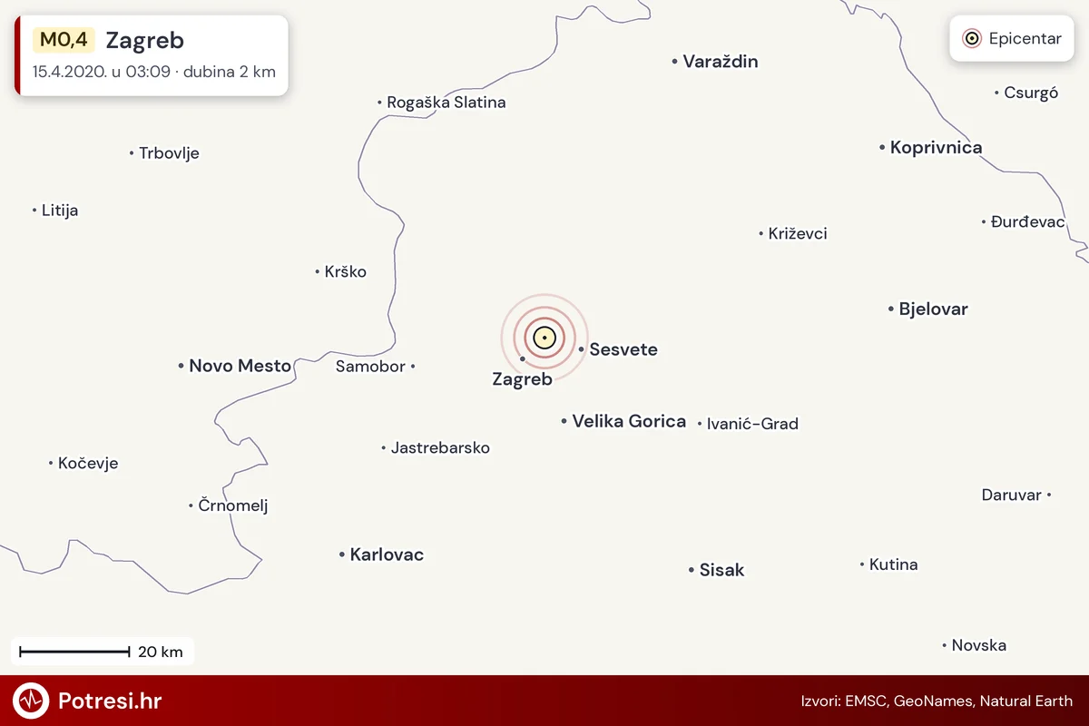Karta: šire područje i vjerojatni doseg osjeta, potres M0,4, Zagreb, 15.4.2020.