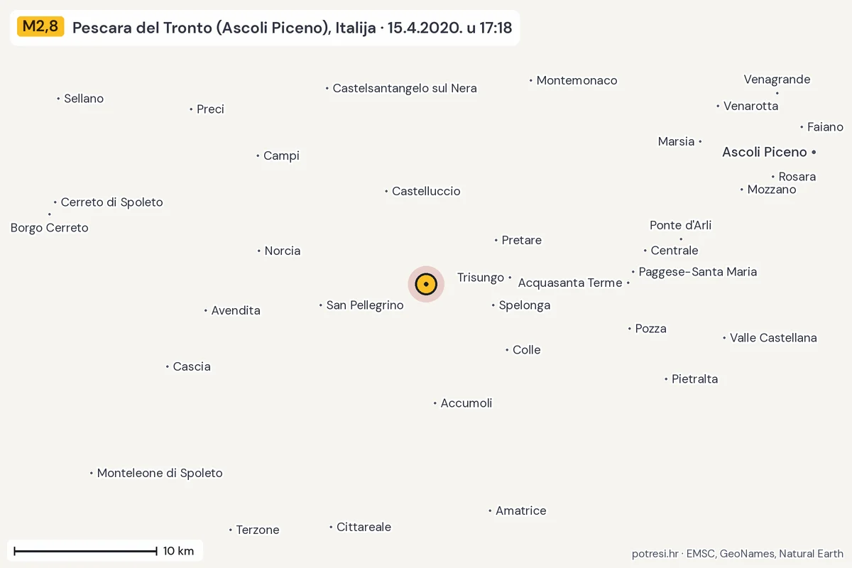 Karta: okolica epicentra, 60 km, potres M2,8, Pescara del Tronto (Ascoli Piceno), Italija, 15.4.2020.