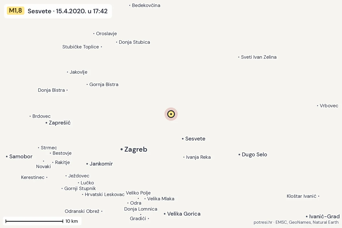 Karta: okolica epicentra, 60 km, potres M1,8, Sesvete, 15.4.2020.