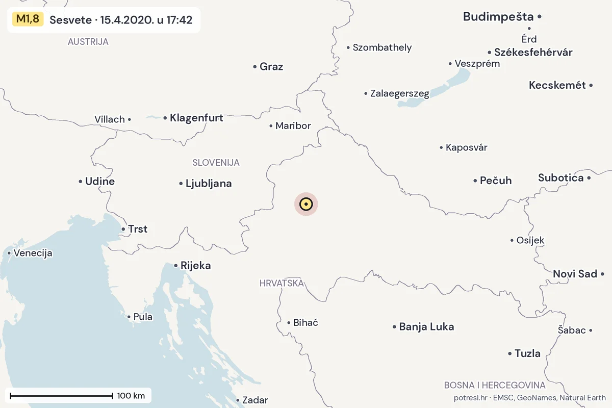 Karta: šire područje, 600 km, potres M1,8, Sesvete, 15.4.2020.