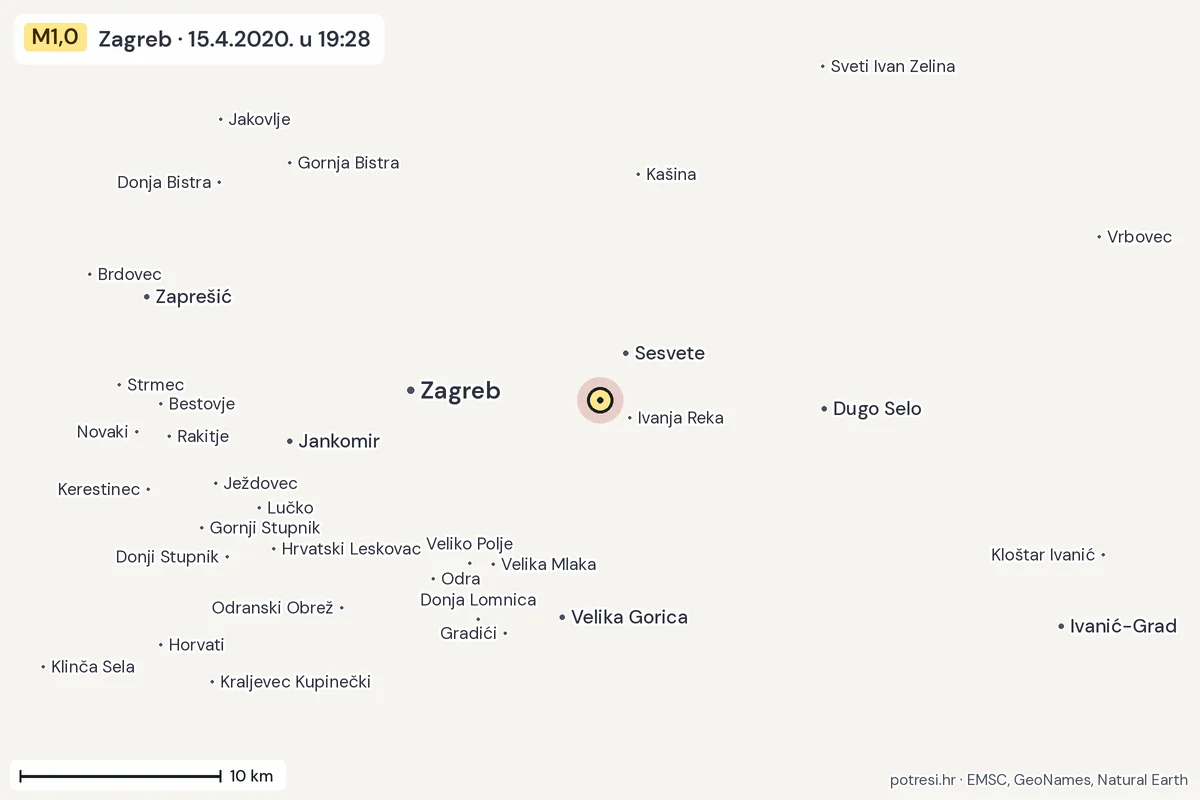 Karta: okolica epicentra, 60 km, potres M1,0, Zagreb, 15.4.2020.