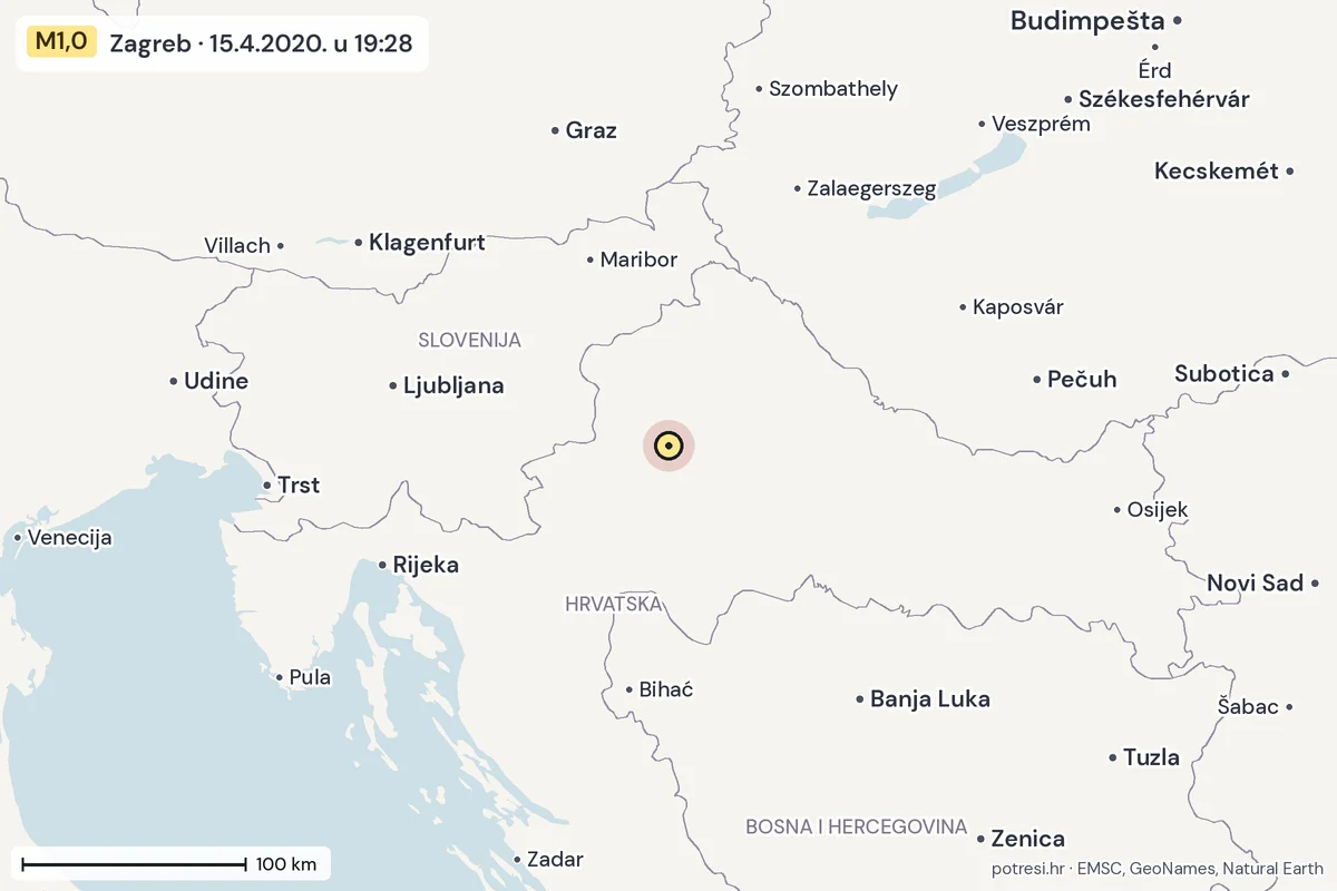 Karta: šire područje, 600 km, potres M1,0, Zagreb, 15.4.2020.