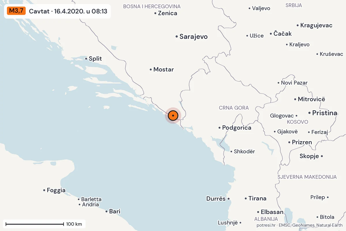 Karta: šire područje, 600 km, potres M3,7, Cavtat, 16.4.2020.