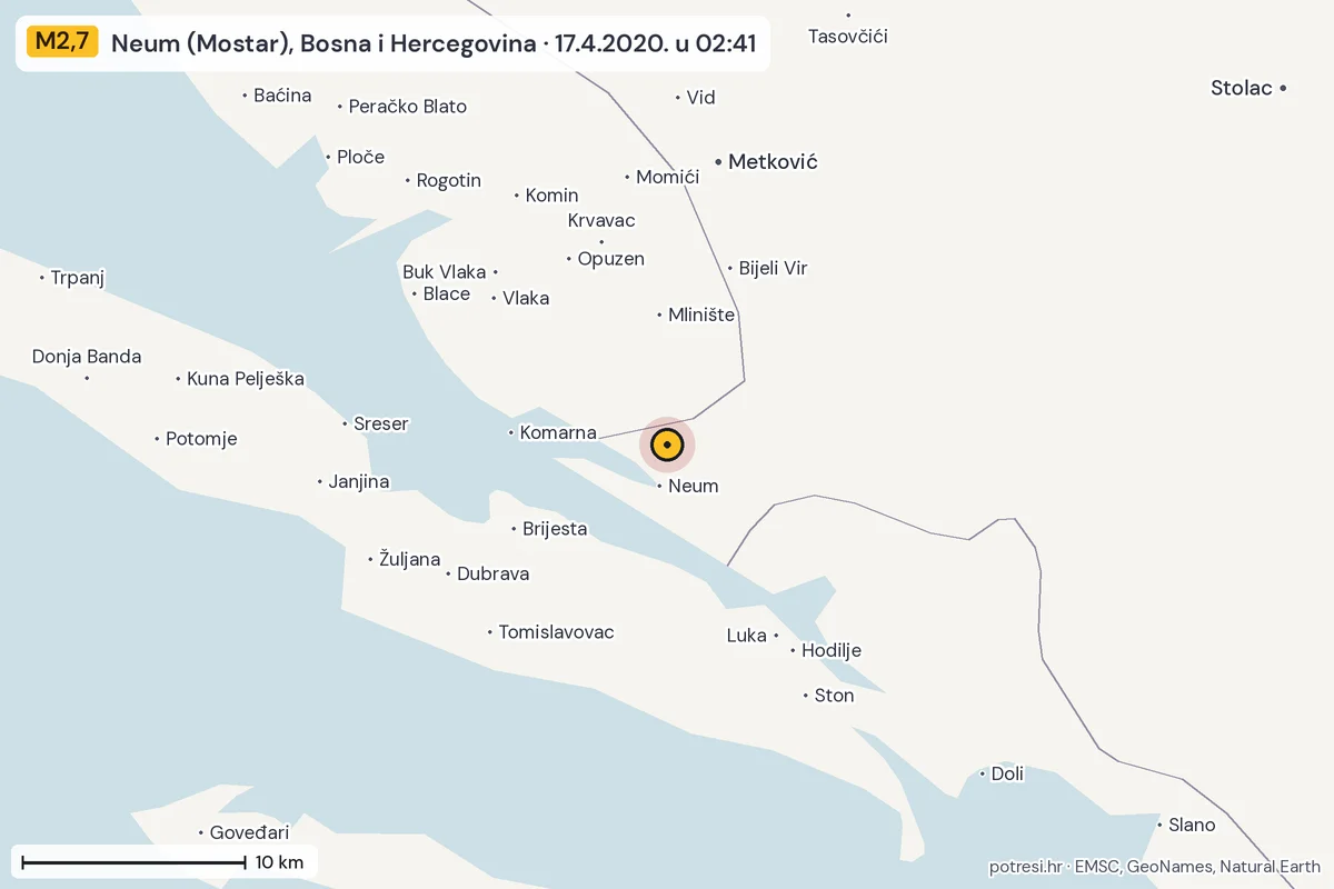 Karta: okolica epicentra, 60 km, potres M2,7, Neum (Mostar), Bosna i Hercegovina, 17.4.2020.