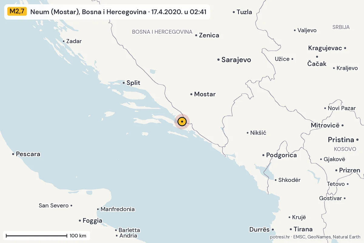 Karta: šire područje, 600 km, potres M2,7, Neum (Mostar), Bosna i Hercegovina, 17.4.2020.