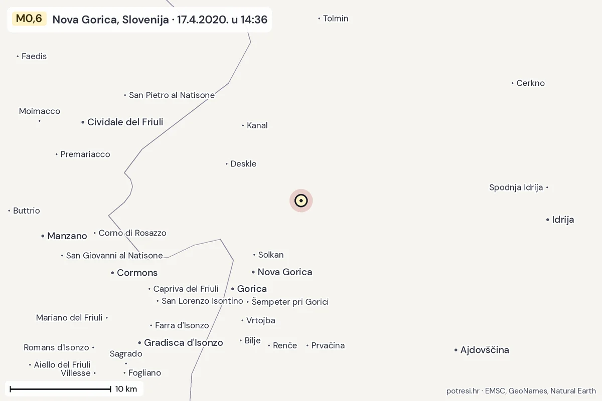 Karta: okolica epicentra, 60 km, potres M0,6, Nova Gorica, Slovenija, 17.4.2020.